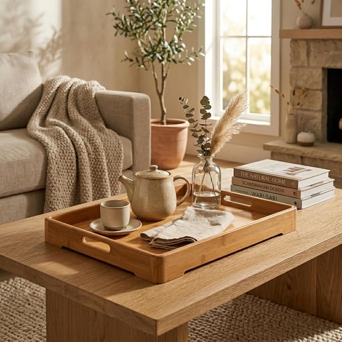 Bamber Large Bamboo Serving Tray Decorative Coffee Tea Platter 18 x 13 x 1.2 Inches - Image 3