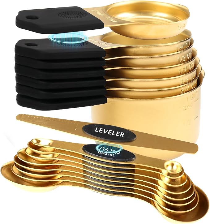 16-Piece Magnetic Measuring Cups and Spoons Set, Stainless Steel, Gold | 7 Silicone-Grip Cups, 8 Metal Spoons, 1 Leveler, US and Metric Marks for Dry & Liquid Ingredients, Kitchen Essentials Gadgets by FONYA