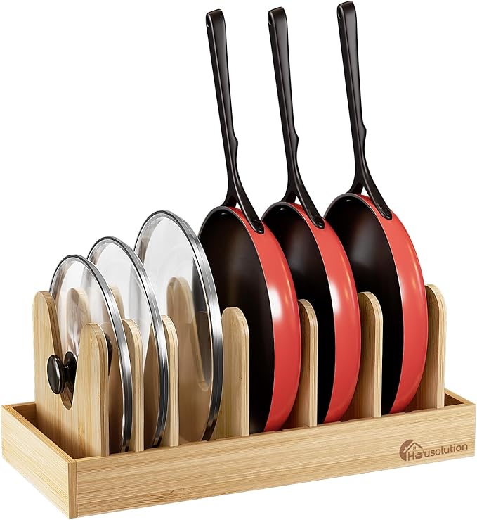 Housolution Bamboo Pot and Pan Lid Organizer Holder Storage Rack | 7 Adjustable Dividers, Upgrade Solid Wooden Base, Easy Assembly by Housolution