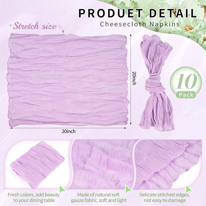 10 Pack Lilac Purple Cheesecloth Napkins 20"x20" Boho Washable Cloth Napkins Set of 10 Wrinkled Cheese Cloth Napkins Gauze Dinner Table Napkin for Wedding Party Baby Shower Birthday Decor - Image 2