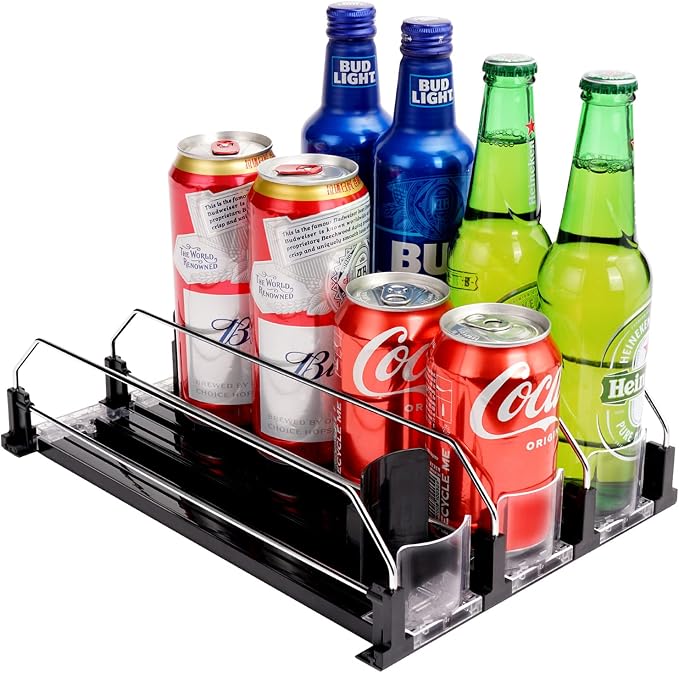 Drink Dispenser for Refrigerator, Self-Pushing Soda Can Organizer for Fridge, 3 Rows has been Assembled, Automatic Can Organizer with Spring Loaded for Refrigerator Holds 12 cans, Black by BingoHive