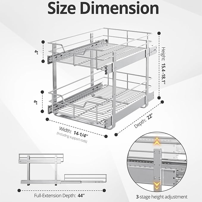 ZOINLIY Pull Out Cabinet Organizer,Slide Out Kitchen Organizers and Storage | Heavy Duty Drawer Cupboard Storage Basket, Smooth Sliding, Chrome Finish - Image 4