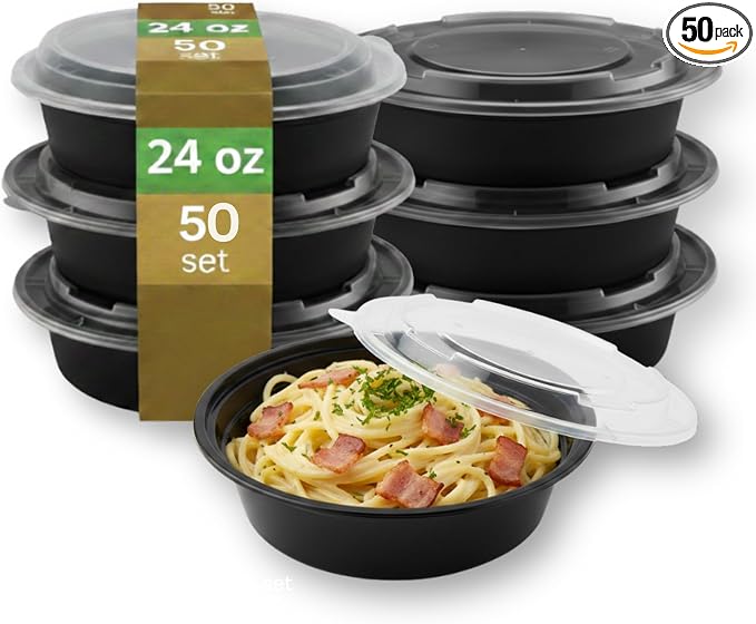 [24 oz Round Meal Prep Containers with Lids – BPA-Free Food Storage Containers, Bento Box for Restaurant & Catering Use, Stackable, Microwave, Dishwasher, Freezer Safe – 50 Pack by ProTakeOut