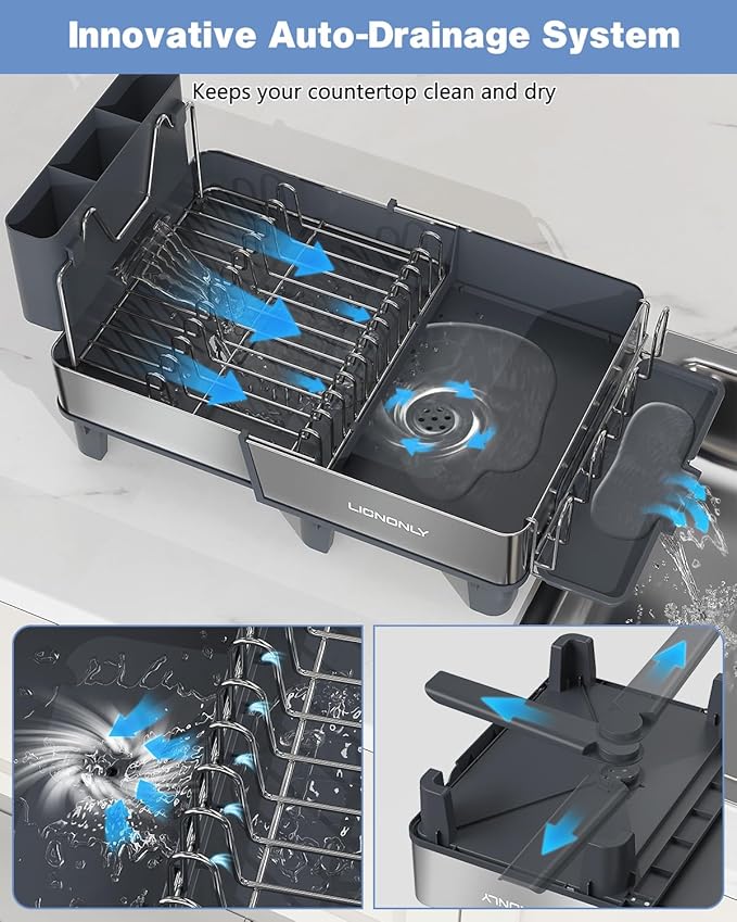 Dish Drying Rack, 304 Stainless Steel Expandable Dish Rack with Adjustable Drain Spout, Large Capacity Dish Drainer with Utensil Holder, Cup Holder and Cutting Board Rack for Kitchen Counter, Gray - Image 4
