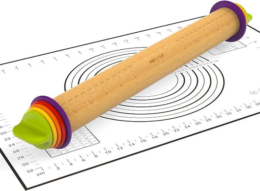 Rolling Pin with Thickness Rings,13.6''Dough Roller & Mat Fit Uniform Dough | Mepple Precision Wood Roller Rod with 4 MultiColor Measuring Rings for Fondant Cookie Pizza Pie Making At Home or Pro Bakers by MeppleMakeYourLifeSimple