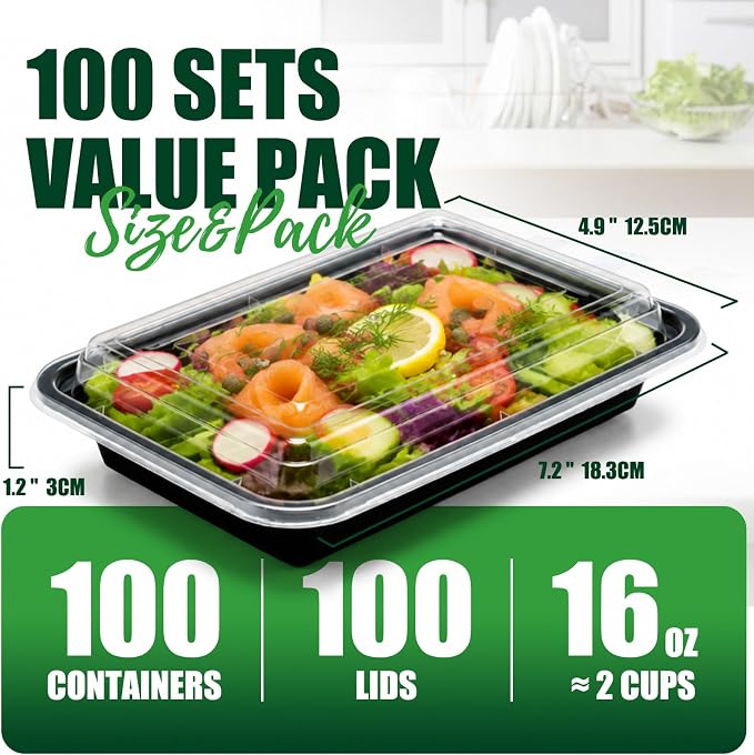 100 Pack (200-Piece) 16oz Meal Prep Containers with Lids Reusable Food Containers Leakproof & Microwave, Freezer, Dishwasher Safe Durable Plastic Storage Containers Bento Box for To Go Take Out Black - Image 3