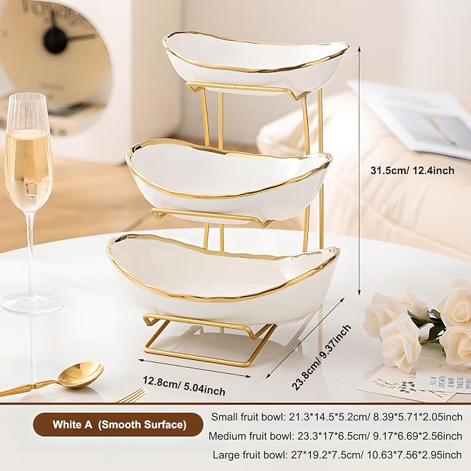 Gold Silver Fruit Bowl with Metal Stand, 3 Tier Ceramic White Fruit Bowl Fruit Rack for Kitchen Counter, Tiered Fruit Basket for Snacks Bread Candy Storage (White A (Smooth Surface)) - Image 3