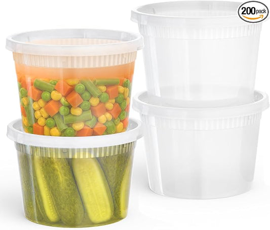 200 PACK (400 SETS) of 16 oz. Plastic Food Containers with Lids | Airtight, Microwave, Dishwasher, & Freezer Safe | Meal Prep, Disposable, Takeout Deli Soup Slime Round Food Storage Box by TopSellingProducts