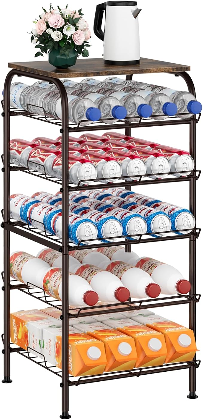 smusei Water Bottle Organizer 5 Tier Free Standing Water Bottle Holder Rack Large Capacity Bottled Water Storage Rack Metal Soda Can Beverage Drink Stand Shelf for Kitchen Pantry Office, Brown - Image 8