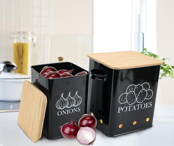 Kitchen Vegetable Storage Tins Set of 2, Onion and Potato Storage Bins with Wooden Lid and Aerating Holes, Garlic Bin Caddy, Vintage Kitchen Decor, Black - Image 5