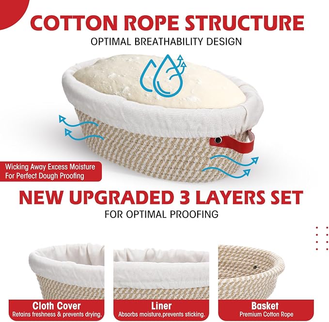 Gejoy 6 Set Cotton Rope Banneton Bread Proofing Basket with Cloth Liner and Plastic Scraper Banneton Dough Sourdough Proofing Bowls Kit for Home Sourdough Bakers (Round, Oval, 9'', 10'') - Image 5