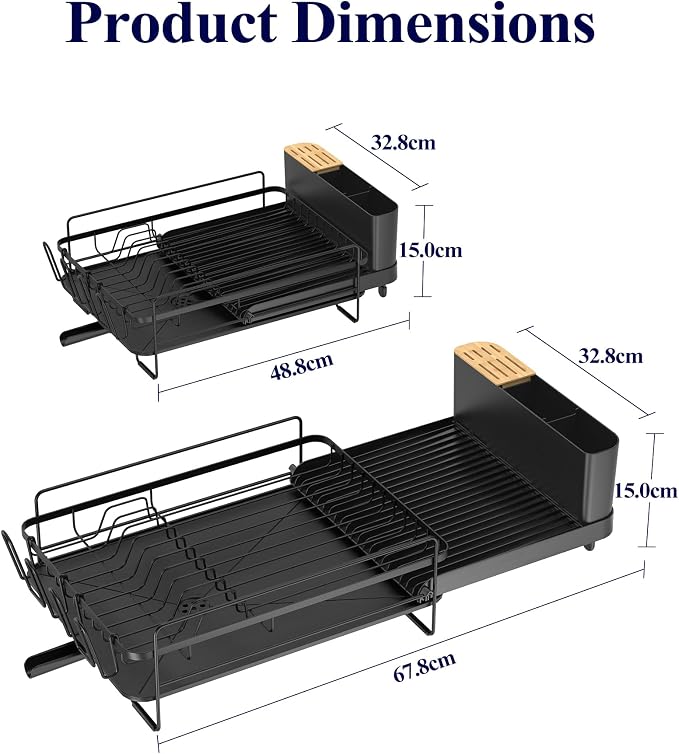 Kitsure Extendable Dish Drying Rack, 19.2"-26.7" L x 12.9" W, Black | Large Dish Rack, Multifunctional Dish Rack for Kitchen Counter, Anti-Rust Dish Drainers with Cutlery & Cup Holders - Image 4