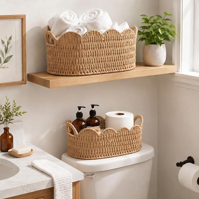 Coeusy Paper Rope Scalloped Basket Set of 2, Wicker Storage Baskets for Shelves,Gifts,Books,Toys,Cute Decor Rattan Baskets for Organizing,Natural Color - Image 6