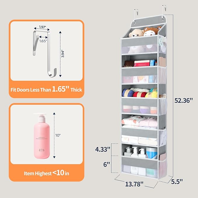 Yecaye Over The Door Organizer Storage, 5-Tier Heavy Duty Door Organizers Hanging with 10 Side Mesh Pockets, 44 lbs Load Capacity Behind Door Storage for Bathroom Nursery Bedroom Dorm Closet,Grey,1Pc - Image 8