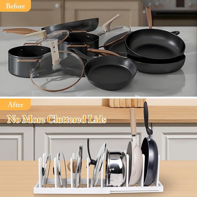 MinBoo Bamboo Expandable Pot Lid Organizer, Pot and Pan Organizer Drawer Organizer for Pot Lids, Adjustable 10 U-Shaped Dividers for Kitchen Cabinet Organizers and Storage,White - Image 5