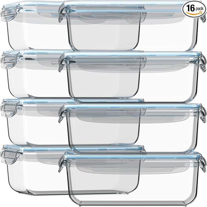 Razab 16 Pc (Set of 8) 30 Oz Glass Meal Prep Containers with Lids, Airtight Large Glass Food Storage Containers, Reusable Leak Proof BPA Free, Freezer to Oven and Dishwasher Safe by RazabHomeGoods