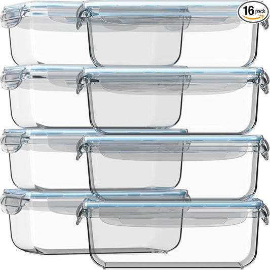 Razab 16 Pc (Set of 8) 30 Oz Glass Meal Prep Containers with Lids, Airtight Large Glass Food Storage Containers, Reusable Leak Proof BPA Free, Freezer to Oven and Dishwasher Safe by RazabHomeGoods