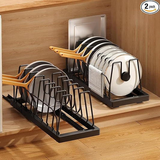 Mustorn 2 Pack Pots and Pans Organizer Under Cabinet, 21.6" Deep Pull Out Pot Lid Organizer Holder with Guardrail Adhesive Pot and Pan Holder Rack with 10 Adjustable Dividers(Black) by MUSTORN