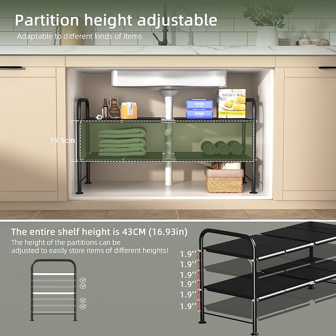 Under Sink Organizers and Storage,Expandable under cabinet organizer Shelf | 2 tier expandable shelf for kitchen and bathroom,8 Removable Carbon Steel Panels,27.36-36.02" W x 12.28" D x 16.93" H - Image 6