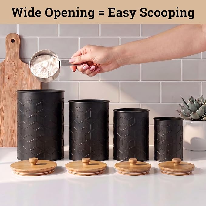 Kitchen Canisters for Countertop Set of 4, Textured Iron w/ Airtight Lids | Airtight Easy Open Bamboo Lids - Dent-Resistant Thick Metal - Sturdy Comfortable Bamboo Handles - Raised Textured Pattern - Image 7
