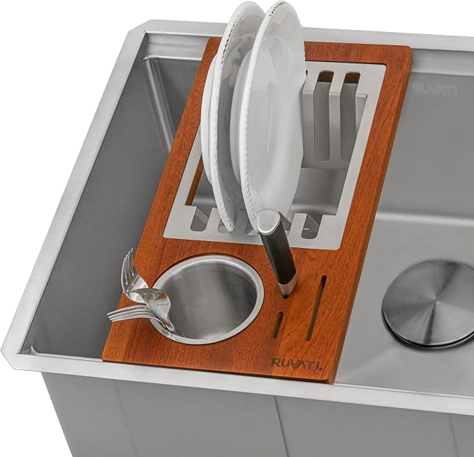 Ruvati Wood Dish Plate and Silverware Caddy Drying Rack for Workstation Sinks - RVA1542 - Image 2