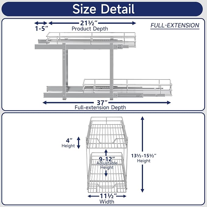 2-Tier Pull Out Cabinet Organizer, 11.5" W x 21.5" D, Heavy Duty Dual Slide Out Shelves for Narrow Base Cabinets, Chrome Wire Basket Drawer for Spices, Bottles & Snacks - Image 3