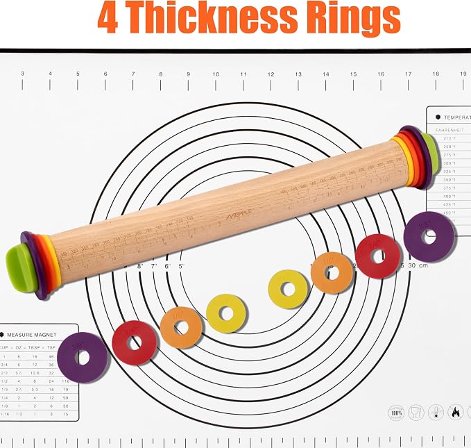 Rolling Pin with Thickness Rings for Baking,Fondant, Pizza, Pie Crust, Cookie, Pastry, Roller Rod for Dough Thickness, 13.6" Adjustable Wooden Rolling Pin with 4 Thickness Rings - Image 8