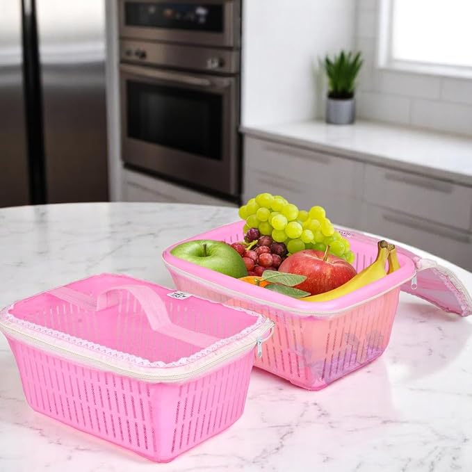 Go Hooked Multipurpose Plastic Storage/Gift Basket With Net Cover | Stylish Basket With Zip Net Cover Pack Of 2 (Pink) - Image 2