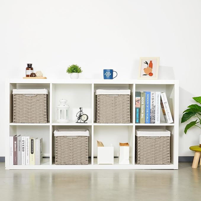 Bidtakay Wicker Storage Baskets for Organizing 4-Pack Hand-Woven Imitation Wicker Cube Storage Bins with Liners for Shelves Closet Cabinet 11x11 Waterproof Cube Organizer for Pantry-Greyish Beige - Image 4