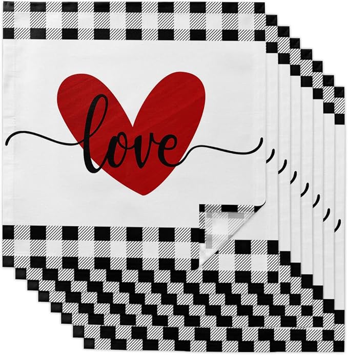 Kitchen Cloth Napkins 8 Pack Reusable Dinner Napkins Love Valentines Red Heart Black White Buffalo Plaid Polyester Soft Smooth Fabric Table Napkin for Wedding Banquet Party Decoration (20x20 Inches) by T%26H+XHome