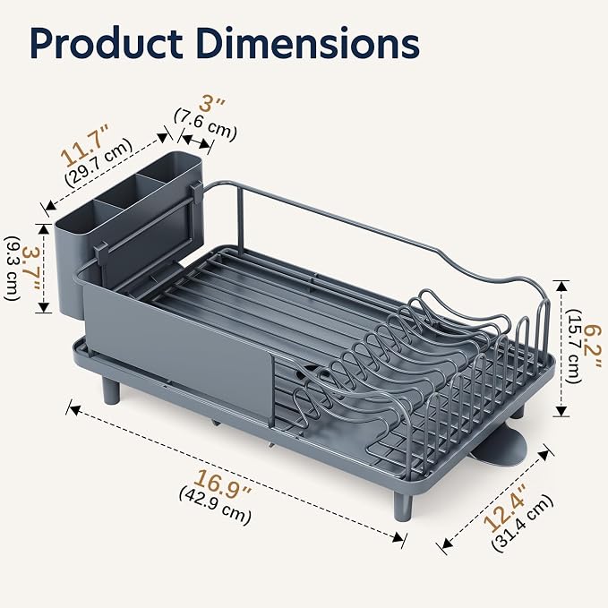 KINGRACK Dish Drying Rack for Kitchen Counter, Dish Drainer with Cup Holder | 16.9"L x 12.4" W Dish Rack with Spacious Drying Capacity, Quick Auto Dish Drainer for Plate Dish Dinnerware, Blue - Image 2