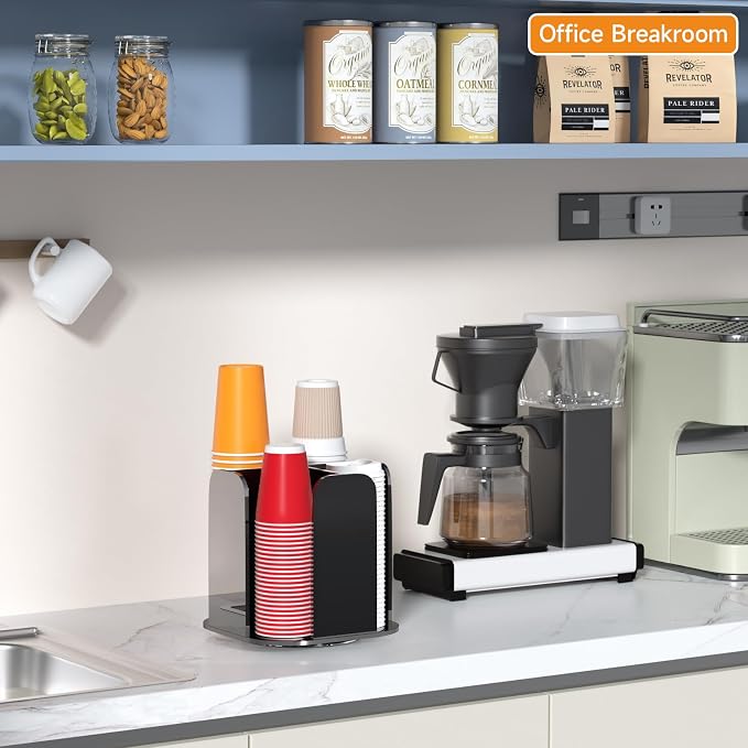 Beego Coffee Cup Holder Organizer - Rotatable 4 Compartments Black Acrylic Cup Dispenser Station With Lid Carousel - Countertop Plastic Cup Holder for Restaurant Breakroom Bar Accessories - Image 3
