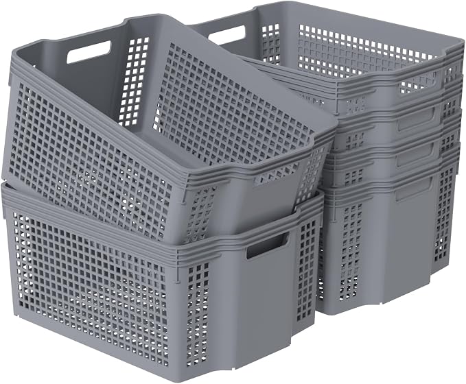 6-Pack Large Stackable Baskets Organizer, Rectangular Plastic Bins | Stackable Storage Bins with Handle, Space-Saving Nesting Design for Shelves, Pantry, Closet, Grey - Image 4