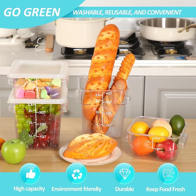 Yungyan 12 Pcs 4 Qt Commercial Food Storage Containers with Lids Restaurant Square Airtight Food Storage Containers Clear Cereal Container for Kitchen Freezer Dishwasher Pantry (White Lid) - Image 4