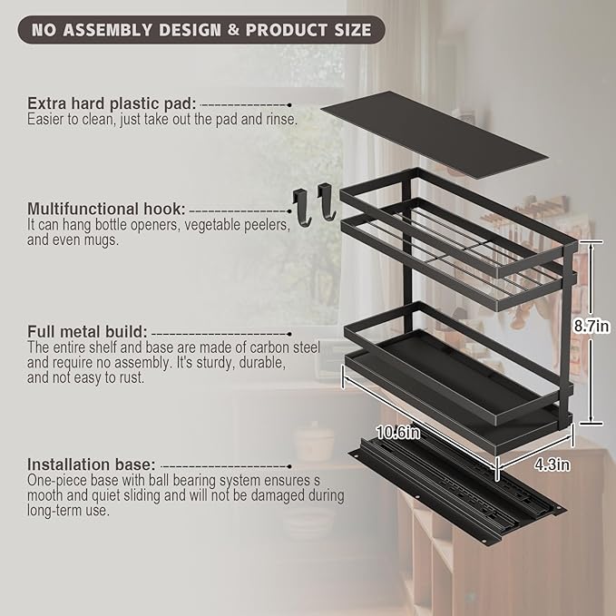 Magheo Pull Out Spice Rack Organizer for Cabinet, 1 Pack Metal Seasoning Organizer Slide Out Spice Storage Shelf No Assembly Vertical Spice Rack Pullout for Kitchen & Bahthroom No Drill(2 Tier,Black) - Image 6
