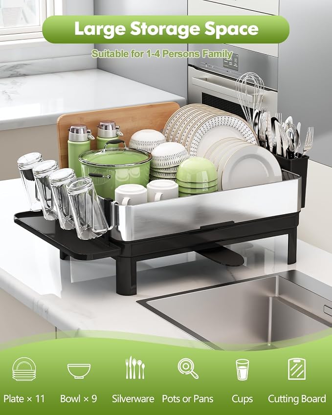 1 Tier Large Stainless Steel Dish Drying Rack with Drain Board | Space Saving, Rust Proof Metal, Automatic Drainage Drainer for Kitchen Counter, Modern Black and Silver for Pots and Pans - Image 7