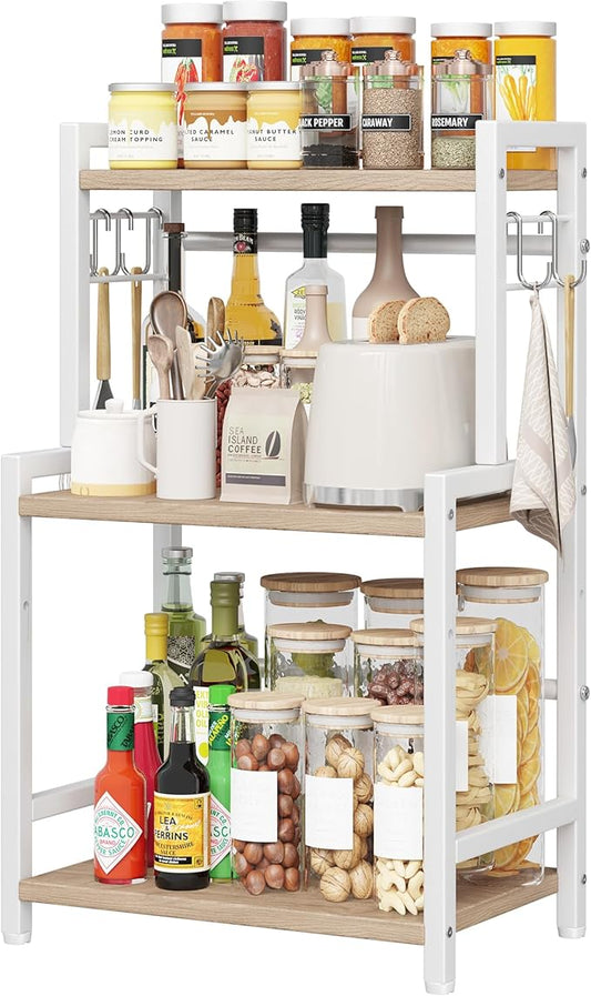Kitchen Countertop Organizer, 3 Tier Large Spice Rack Organizer with Adjustable Shelf and 5 Hooks, Wooden Counter Organizer, Countertop Shelf Microwave Stand for Kitchen Coffee Bar, Light Coffee by Homeiju