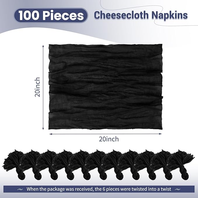 100 Pack Black Cloth Napkins 20x20Inch Cheesecloth Napkins | Elegant Cloth Napkins for Table, Washable Rustic Boho Gauze Napkins, for Wedding Party Bridal Baby Shower Halloween Decor - Image 2