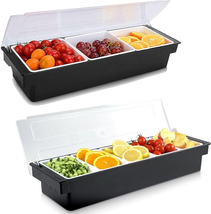 WICHEMI Fruit, Veggie & Condiment Caddy with Lid Dispenser Tray Plastic Garnish Station for Bartending & Serving Taco, Ice Cream, Salad Bar - Topping Organizer for Restaurant Supplies (5 Compartment+3 by WICHEMI