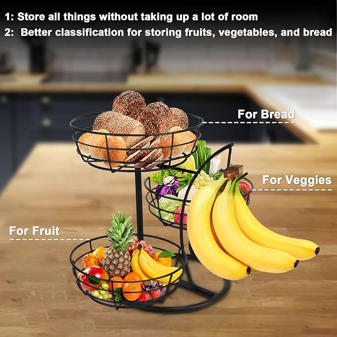 Livabber Fruit Basket Bowl with Banana Hanger, Fruit Vegetable Storage Basket with Banana Tree Holder for Kitchen Counter, Detachable Organizer for Bread Snack Produce (Black, 3-Tier Metal Base) - Image 4