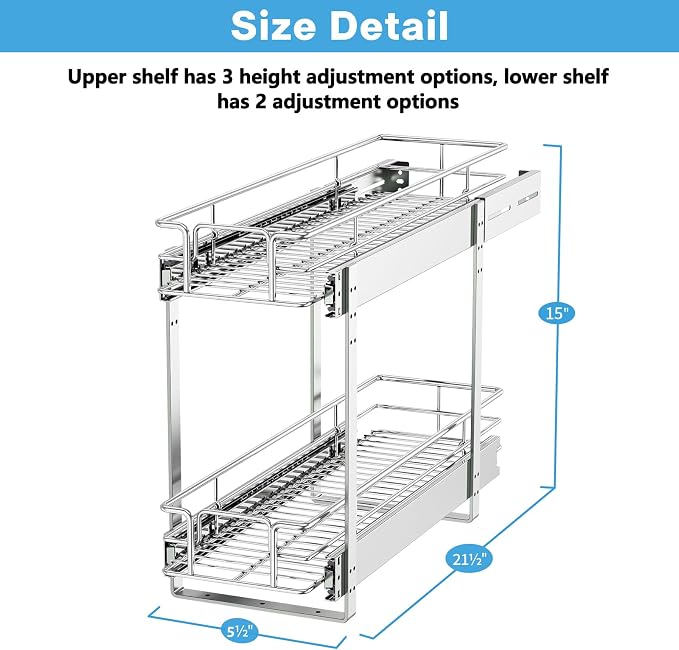 LOVMOR Individual Pull Out Cabinet Organizer, 2 Tier Slide Out Cabinet Drawers, Pots and Pans Organizer and Storage Pantry Shelf for Kitchen (5½" W x 21½" D) - Image 3