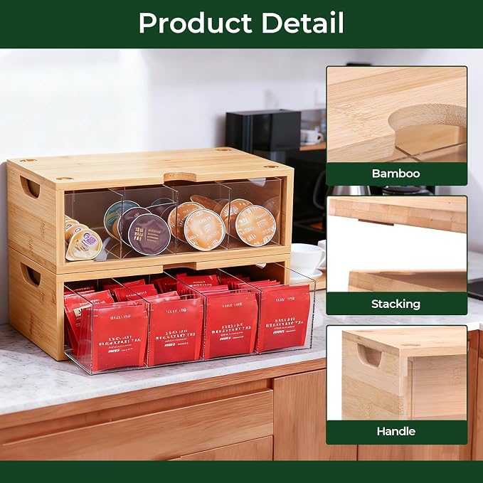 Bamboo Stackable Tea Bag Organizer, 2-Piece | Large Capacity, Box Set - Image 9