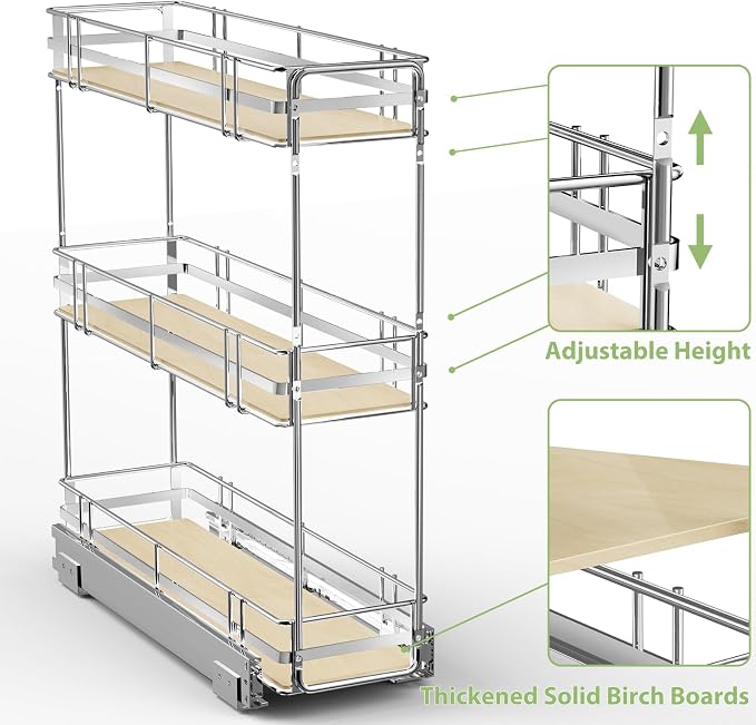 ROOMTEC 3-Tier Pull Out Cabinet Organizer Spice Rack for Narrow Cabinet 6" W x 20½" D, Slide Out Wood Shelves Storage for Kitchen - Image 5