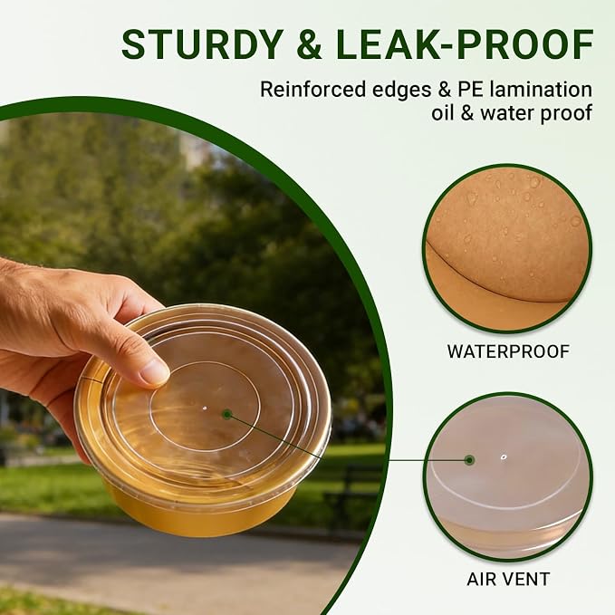 300 Pcs Disposable Round Paper Bowls with Lid 17 oz, Microwave Deli Containers Leakproof Acai Bowls, Salad Bowlwith Lid for Lunch, Disposable bowls with lids for Soup Toppings Snack Camping Family - Image 2