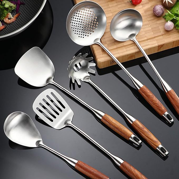 Kitchen Utensils Set,6 PCS with Utensils Holder,304 Stainless Steel | Wooden handle,For kitchen cooking,Includes: wok spatula, soup ladle, slotted spoon, Spaghetti spoon, Utensils Holder - Image 4