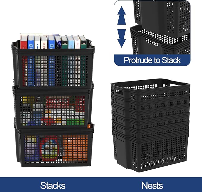 Stackable Woven Plastic Storage Baskets, 6 Pack Container Tote | Shelf Organizer Bins for Pantry and Cabinet, 14.8 x 10.9 x 7.1 in, Nest and Stack, Black - Image 3