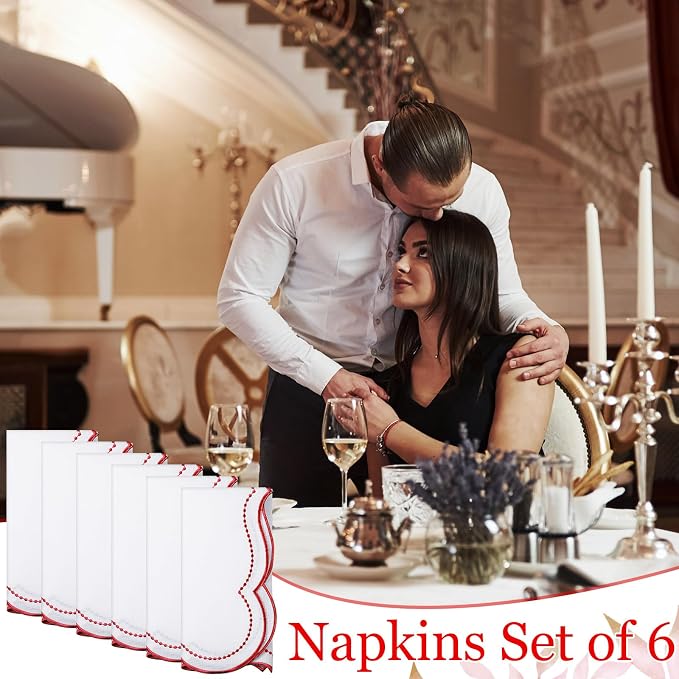 Hahafelt Cloth Napkins 18x18inches Scalloped Embroidery Cloth Napkins Washable Polyester Table Dinner for Hotel Restaurant Weddings Events Parties(Red,6 Set) - Image 7