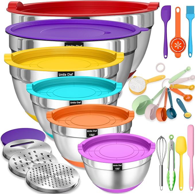 Umite Chef Thickened Heavy-Duty 26pcs Stainless Steel Bowl, Mixing Bowl Set with Lid, Grater Attachment, Colorful Non-Slip Bottom and Kitchen Gadget Set, Sizes 7, 4, 2.5, 2.0, 1.5, 1QT by UmiteChef