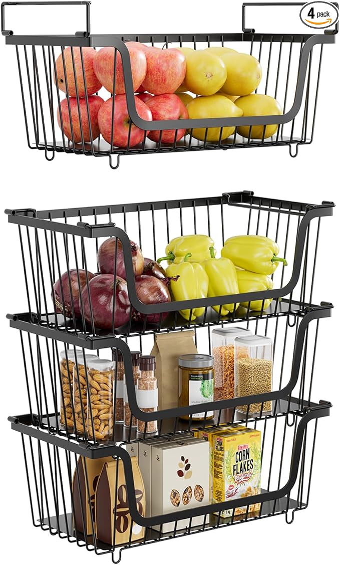 4 Pcs Stackable Wire Baskets for Pantry Organizers and Storage, Black | Metal Baskets with Handles,Produce Potato Onion Storage Bin,Vegetable Fruit Basket for Countertop, Kitchen Storage by XILIDIA