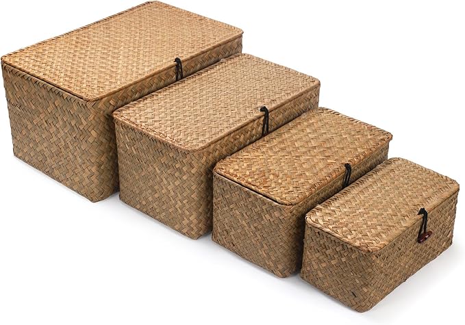 Wicker Basket with Lid, Seagrass Storage Basket, Woven Baskets for Storage, Decorative Storage Baskets for Shelf Organizing, Natural by XIMISISE